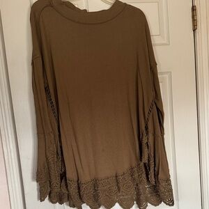 Free People Brown Crochet-Hem Long Sleeve Tunic